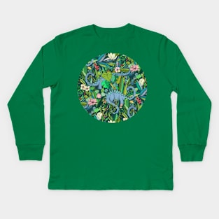 Improbable Botanical with Dinosaurs - dark green Kids Long Sleeve T-Shirt